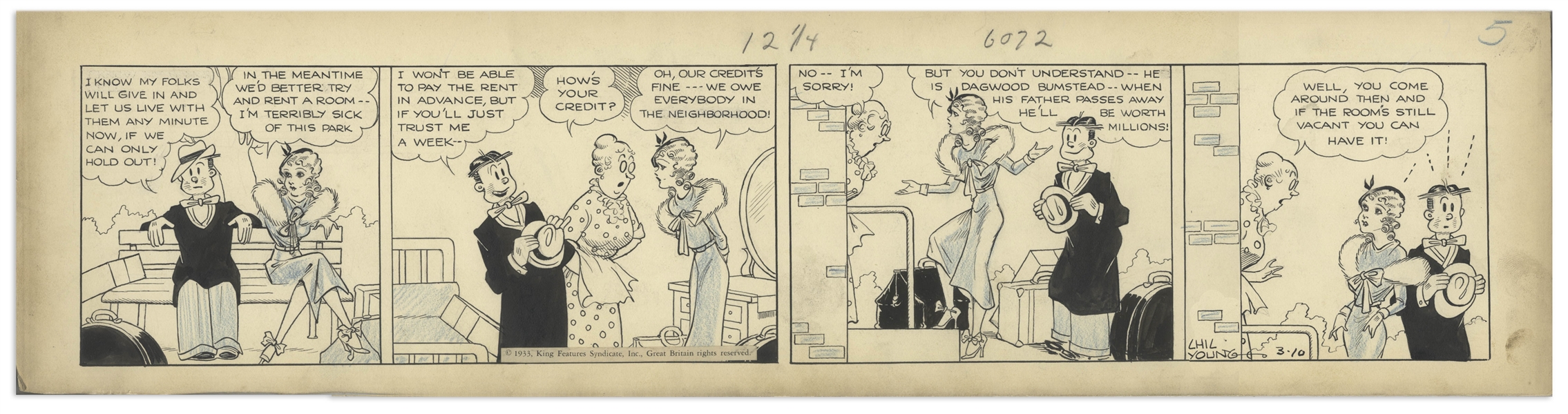 Chic Young Hand-Drawn ''Blondie'' Comic Strip From 1933 Titled ''Established Credit'' -- Dagwood & Blondie Have Money Problems